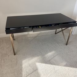 Modern Dark Walnut Writing Desk with Gold Geometric Legs