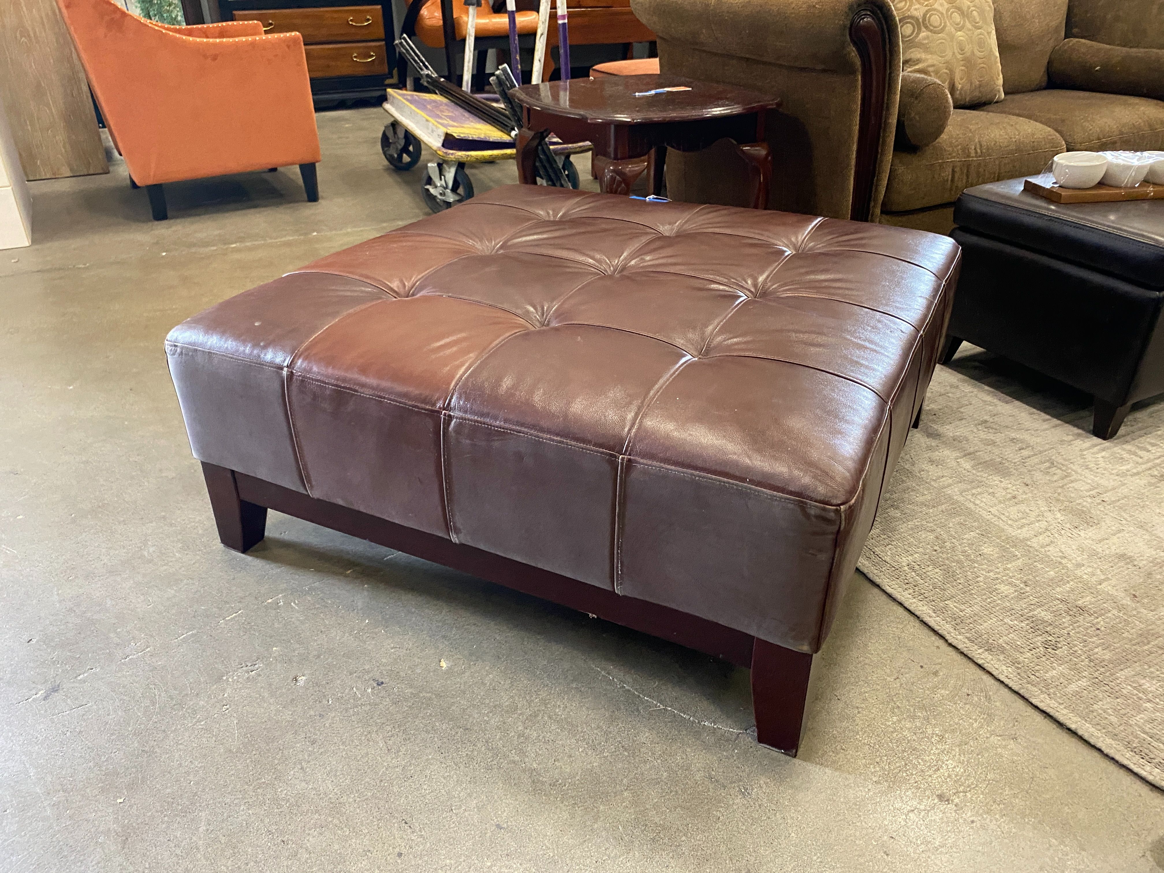 Red Brown Leather Square Tufted Ottoman