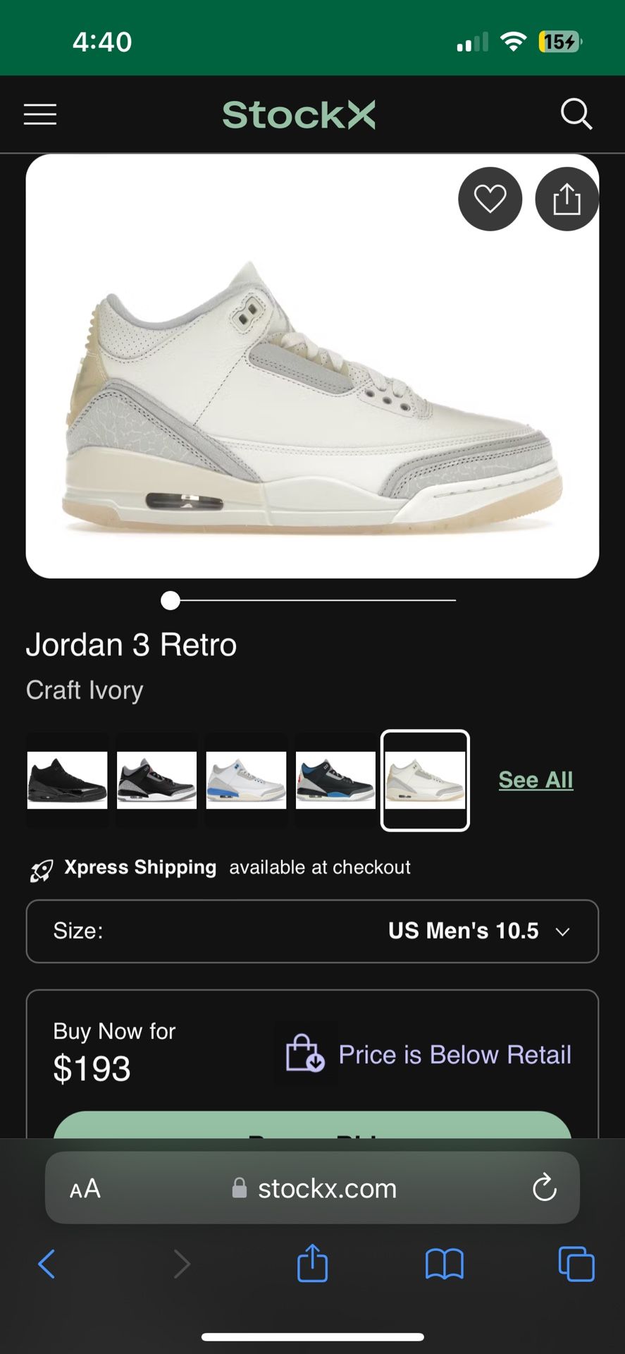 Jordan 3 Retro Craft Ivory Size 10.5