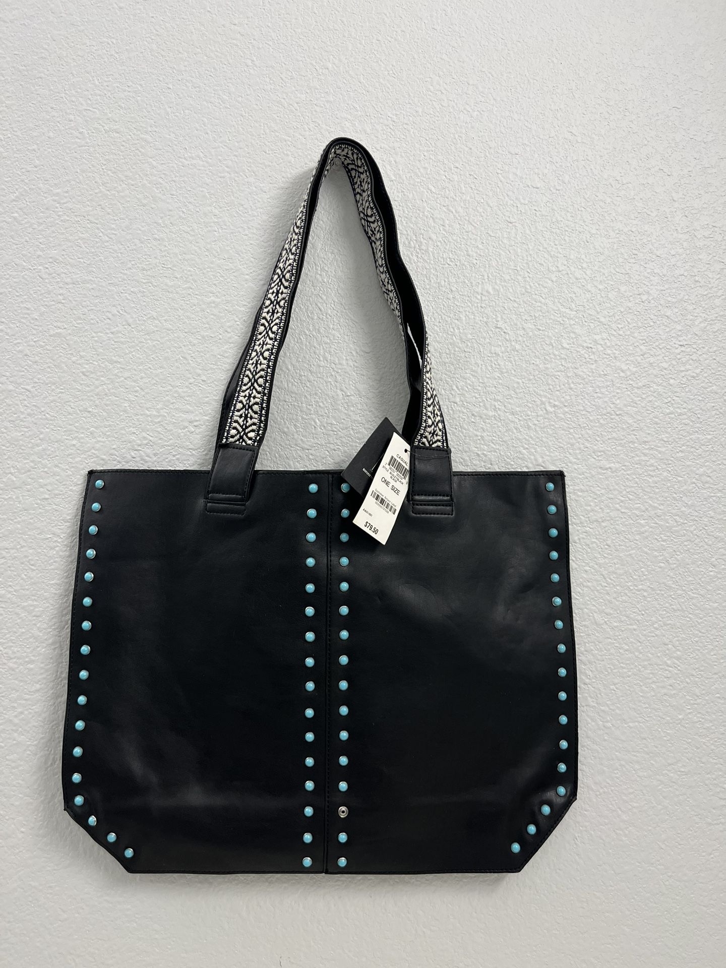 INC International Concepts Lg Black Leather Tote with Turquoise Blue Studs