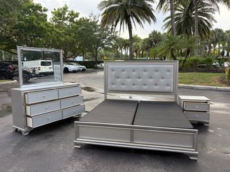4-Piece Silver Bedroom Set king Size with Tufted Headboard by Vietnam Furniture