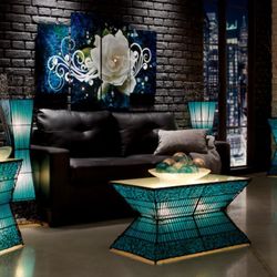 Zain Lighted Rattan Teal Living Room 4 piece Set 