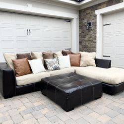 Leather & Cream Sectional Sofa +ottoman 