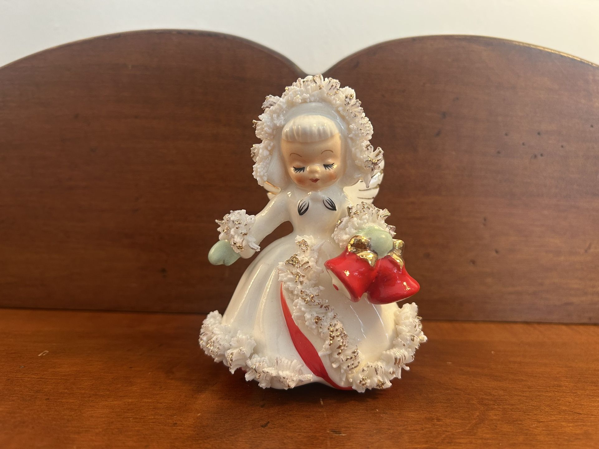 Vintage Holt Howard Ermine Angel Figurine Candle Holder Bells Christmas 3.75” W x 3.5” D x 4.25” T
