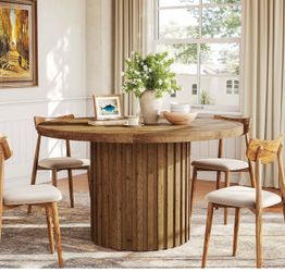 New assembled 47-Inch Round Dining Table for 4-6, Farmhouse Wood Kitchen Table with Striped Pedestal Base, Circle Wooden Dining Room Furniture for Kit