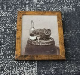 Framed Vintage Photo Print - "The Old Batchelor" Cat & Whiskey Barrel (8x10)