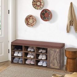 Storage Shoe Rack Bench with Barn Door Cabinet, 9 Open Compartments, Cushion for Entryway Hallway Bedroom Living Room, Rustic Brown