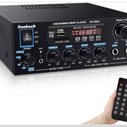 Sunbuck Pequeño amplificador, receptor estéreo 400Wx2 para audio doméstico, conectores ópticos/coaxiales para TV/CD/DVD/LP/PC, soporte de audio de 192