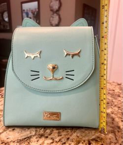 Betsey Johnson Luv Betsey Mint Green Cat Face Backpack Purse Faux Leather with Gold Tone Accents