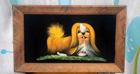 Vintage kitschy Pekingese Dog oil painting. 1970s. Mexican export art.  So cute. 13.5x23