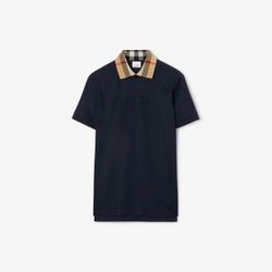 Burberry Men's Navy Blue Polo Shirt, Check Collar, Logo Accent, Short Sleeve 1 Left 
