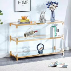 48-inch Glass Console Table, Gold Stainless Steel with Acrylic Frame, Clear Glass Top, Rectangular Sofa Table, Deluxe Rectangular Triple Console Table