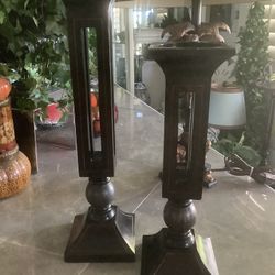 Pair Of Stained Wood Pillar Candle Holders
