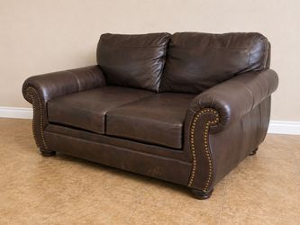 Brown Leather Loveseat with Nailhead Trim