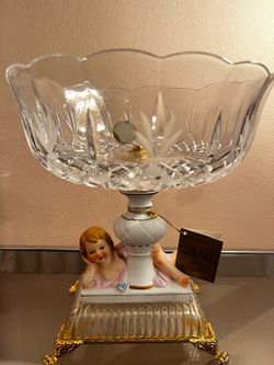 Vintage Cre Art Italy Crystal & Porcelain Cherub Compote Bowl – Mint Condition