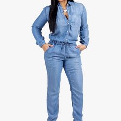 Women's Drawstring Denim Overalls Casual Long Sleeve Button Down Loose Denim Overalls Pants