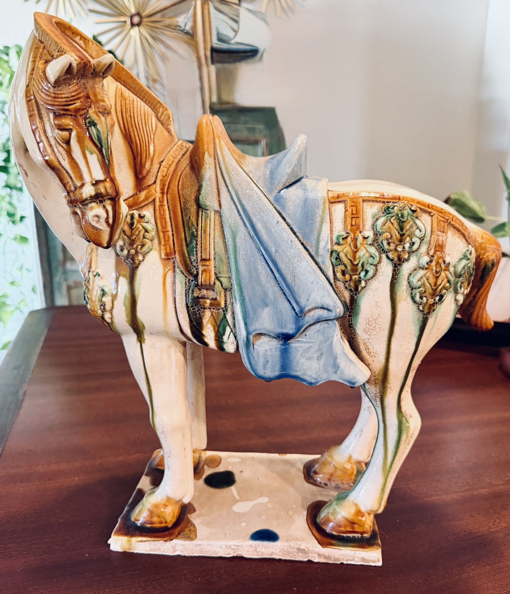 17" T Chinese Tang Dynasty Style Glazed Ceramic Horse Statue Signed