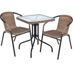 SET OF 3 Brown Indoor Outdoor 28" Tempered Glass Metal Trim + 2 Restaurant Stack, 2 Rattan Chairs with a Square Table Patio Porch Balcony Table Set 