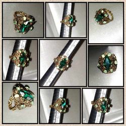 VINTAGE VICTORIAN MID CENTURY ART DECO BRAIDED BRASS EMERALD GREEN GEM GEMSTONE COSTUME JEWELRY WEST GERMANY ADJUSTABLE RING