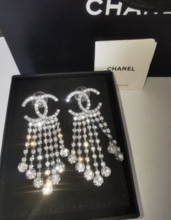 CHANEL Baguette Crystal CC Drop Earrings Silver 1302523