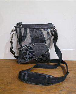Coach Signature Patchwork Gray/Black Leather Crossbody Bag