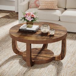 Tribesigns Round Coffee Table, 2-Tier Circle Coffee Table with Storage, Modern Wooden Accent Center Table for Living Room, Thick Tabletop & Base