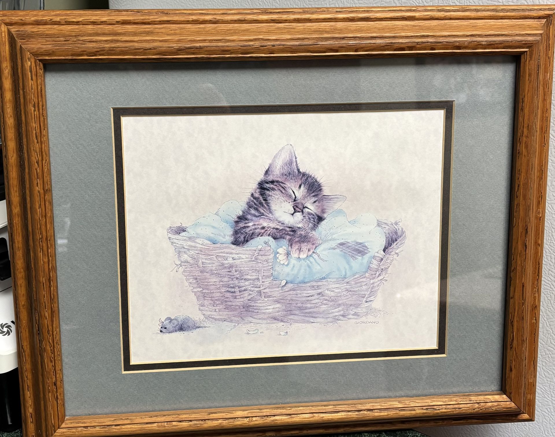 Heavy Thick Wood Framed Kitten in Basket with Mouse Giordano Artwork Made in USA 