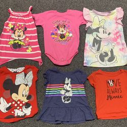 Bundle lot of 6 Minnie Mouse size 24 month and 2T shirts, one piece and nightgown pajamas 