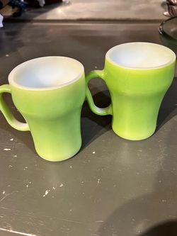 Vintage Lime Green Fire King Milk Glass Mugs Set of 2