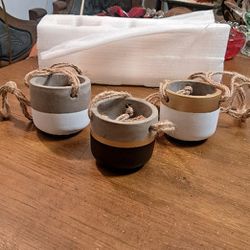 "NEW " Set Of 3 Small Ceramic Hanging Planter Pots W/Hangers, Drain Holes On Bottom 