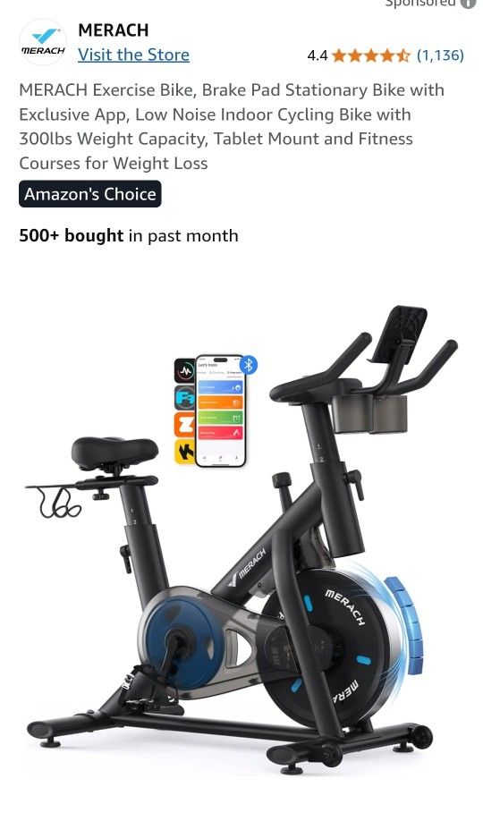 Exercise Bike, Brake Pad Stationary Bike with Exclusive App, Low Noise Indoor Cycling Bike with 300lbs Weight Capacity, Tablet Mount and Fitness Cour