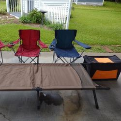 Cabela Camping Cot, Folding Chairs, Insulated Cooler 