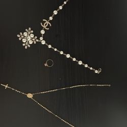 14k chain and ring and Chanel pearl necklace