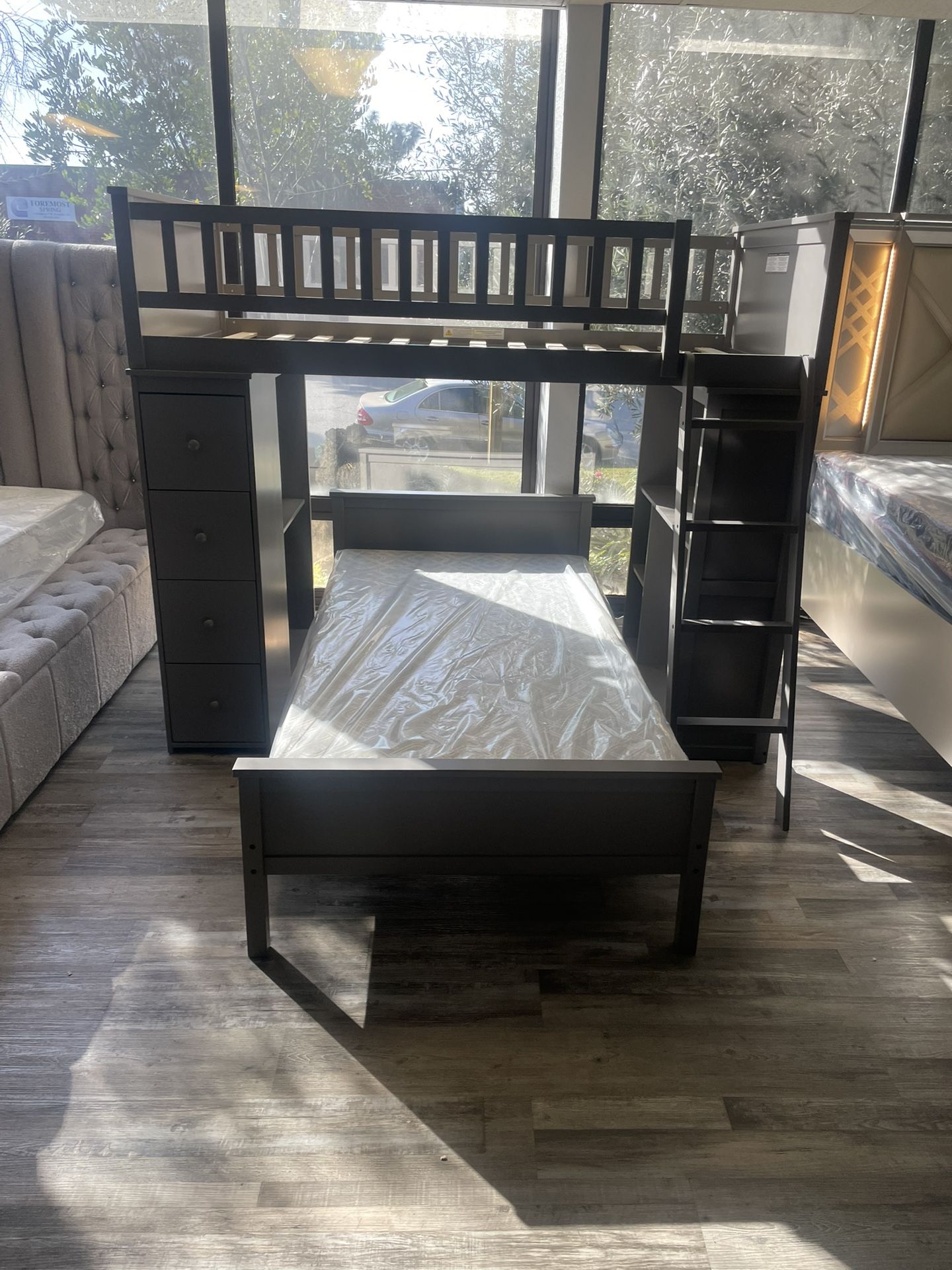 Twin loft bunk bed with desk & drawers. Available in grey & white. Assembly required. Assembly not included. Tax included. Free local delivery.   $425