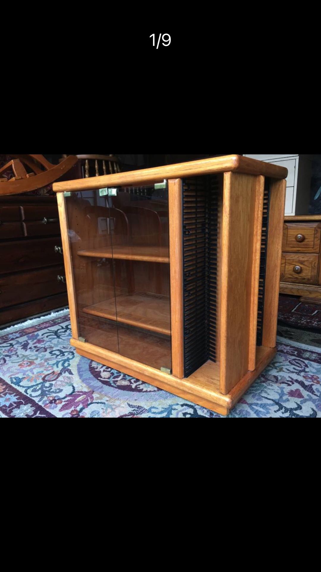 LOCAL DELIVERY INCLUDED - Vintage Media Cabinet On Wheels, w CD storage - Oakwood - 30Hx30Lx17D 2 adjustable/removable shelves inside