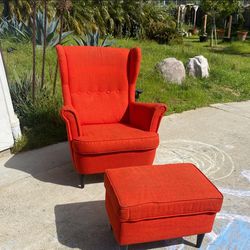 Orange Wingback Chair With Footstool 