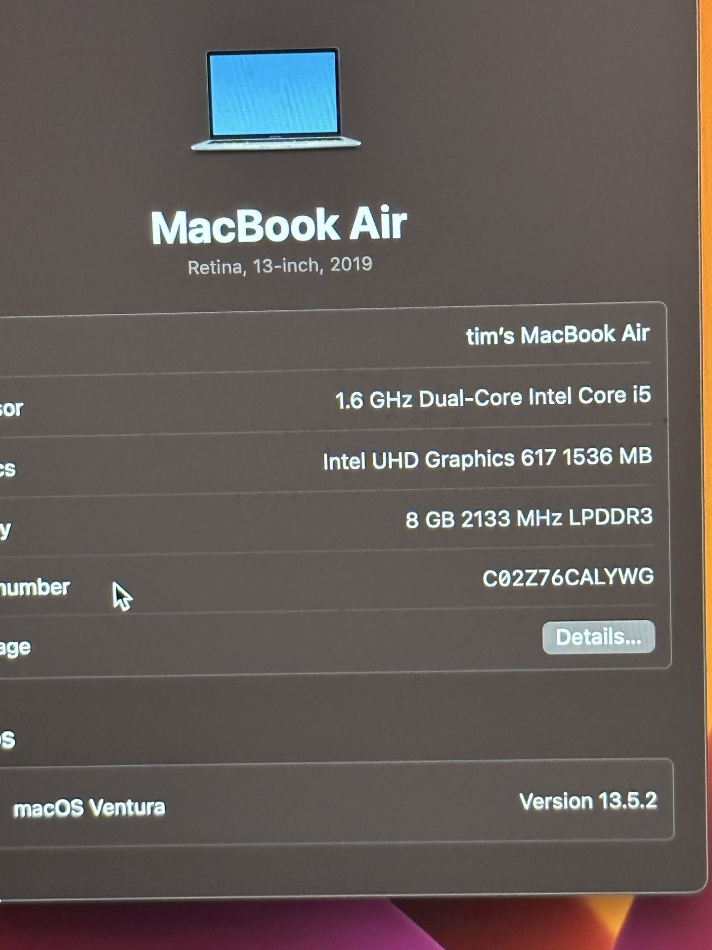 MacBook Air Retina, 13-inch, 2019  1.6 GHz Dual-Core Intel Core i5 Intel UHD 