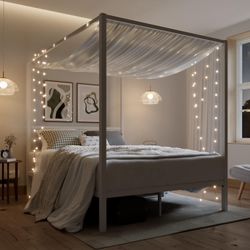 Queen Size Metal Canopy Bed Frame, Modern Four-Poster Platform Bed Frame, Mattress Foundation with Metal Slat Support/Under-Bed Storage Space/No Box S