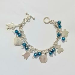 Sterling Silver 37 Gram Charm Bracelet All Sterling Blue And Clear Glass