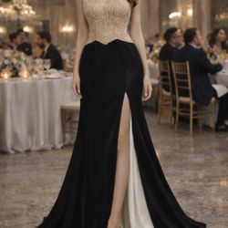 Black & Gold Luxe Evening Gown – Hand Beaded Corset Bodice with High Slit