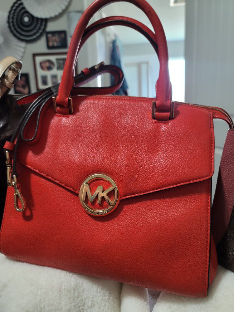 Michael Kors MK Shoulder Red Dr's Bag Purse Leather Tote Satchel W/ Drtachable Shoulder Strap 