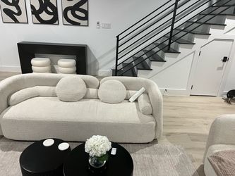 Cream Boucle Curved Sofa with Pillows