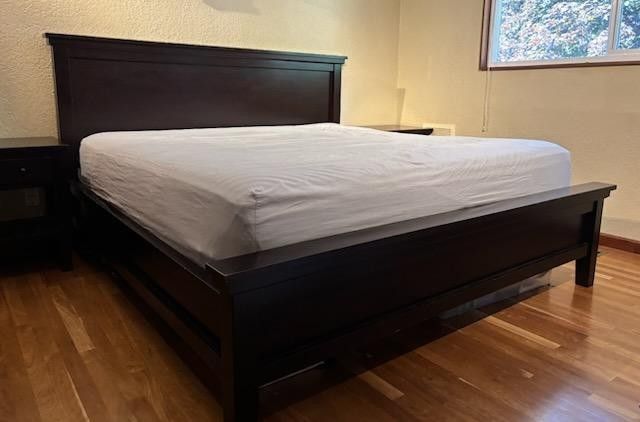 Pottery Barn Farmhouse King size bed frame, two end tables and a double wide dresser