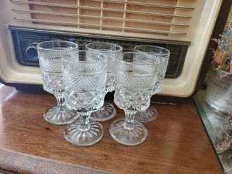 Set Of 5 Vintage Anchor Hocking Wexford Pressed Glass Wine Glasses Or Water Goblets