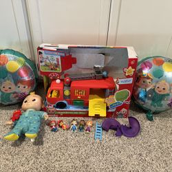 Cocomelon Talking Singing Doll + Transforming Fire Truck + Figures + 2 Mylar Balloons