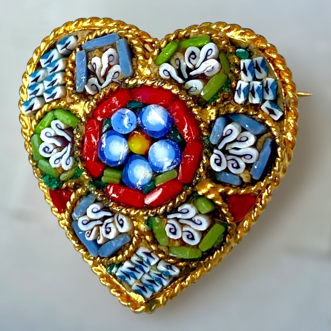 Vintage Italian Heart Micro Mosaic Brooch Pin Multicolor 1" Fashion