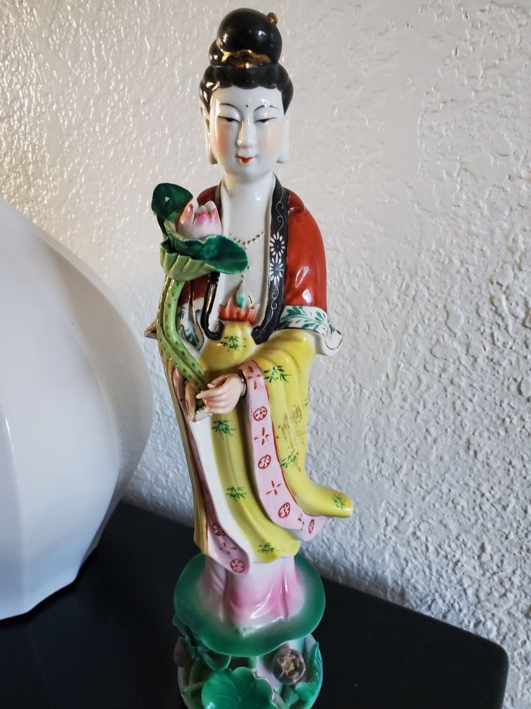 Vintage Lotus Pond Guan Yin Porcelain Statues