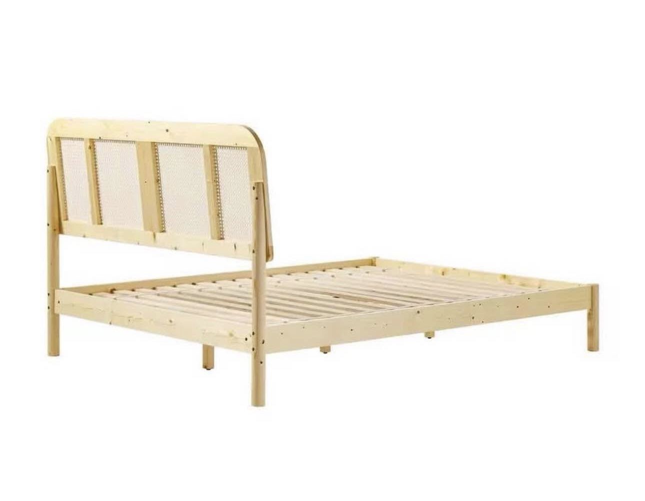 Boho Beige Solid Wood Frame KING  Platform Bed with Rattan Headboard Insert