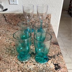 Collection Of 6 Blue Plastic Stemmed Glasses.