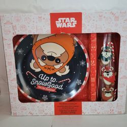 Disney Star Wars Christmas Ewoks Ceramic Plate & Glass With Straw Set